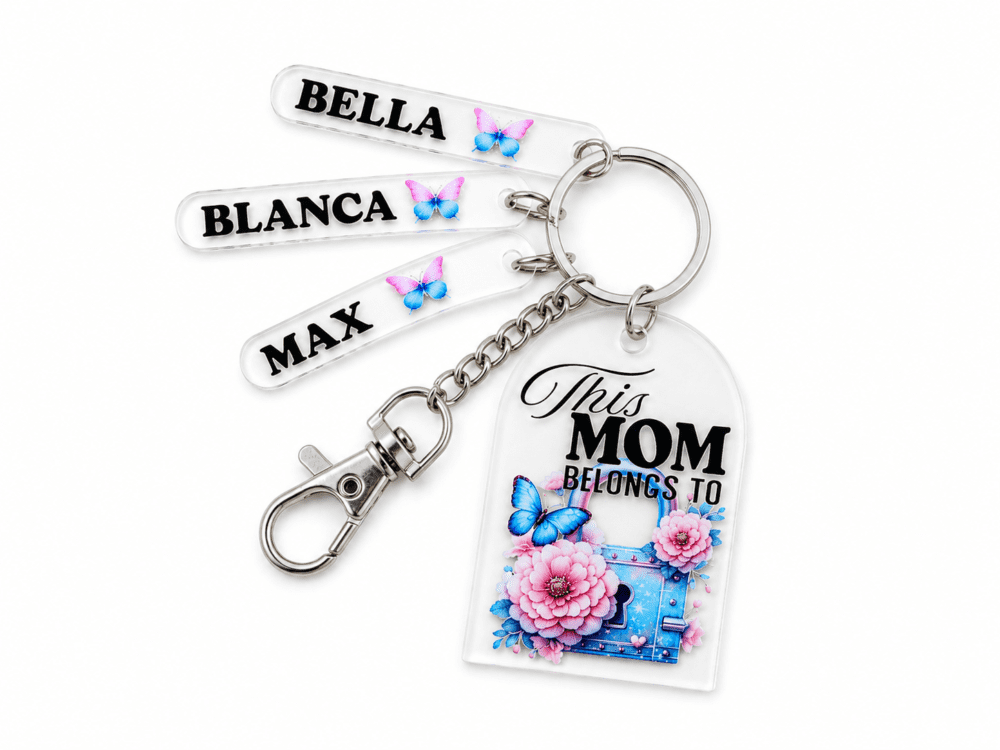 UV Direct Print : This Mom Belongs to Floral Butterfly Themed Keychain+ Silver Lobster