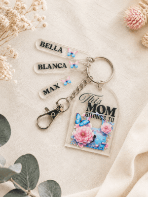 UV Direct Print : This Mom Belongs to Floral Butterfly Themed Keychain+ Silver Lobster