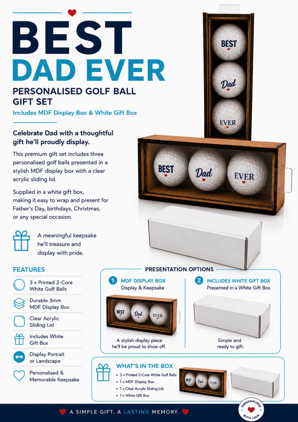 Personalised Gifts : Best Dad Ever Golf Ball Gift Set with MDF Display Box