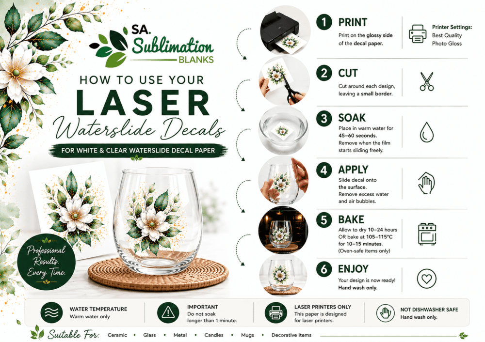 Waterslide_Instructions_Laser Sublimation Blanks : Waterslide Transfer Paper Decal for LASER (White & Clear, Pack of 5)