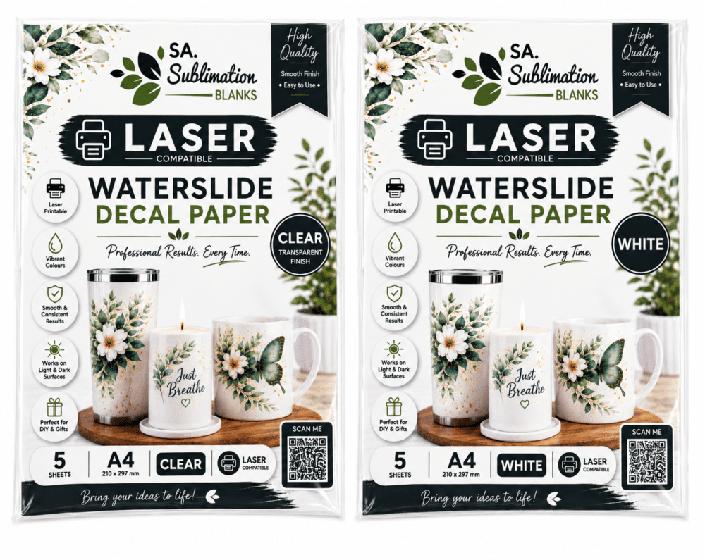 Waterslide_Laser Sublimation Blanks : Waterslide Transfer Paper Decal for LASER (White & Clear, Pack of 5)