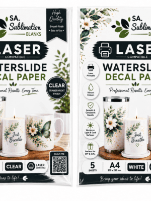 Sublimation Blanks : Waterslide Transfer Paper Decal for LASER (White & Clear, Pack of 5)