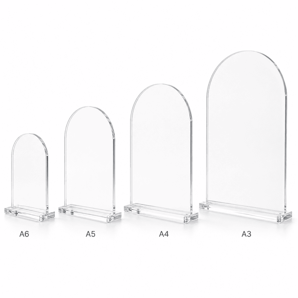Laser Blanks : 3mm CLEAR Acrylic Arched Boards with lip &amp 5mm Clear Acrylic Stand (A6, A5, A4, A3)