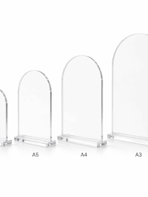 ArchedBoards_WithStand Laser Blanks : 3mm CLEAR Acrylic Arched Boards with lip & 5mm Clear Acrylic Stand (A6, A5, A4, A3)