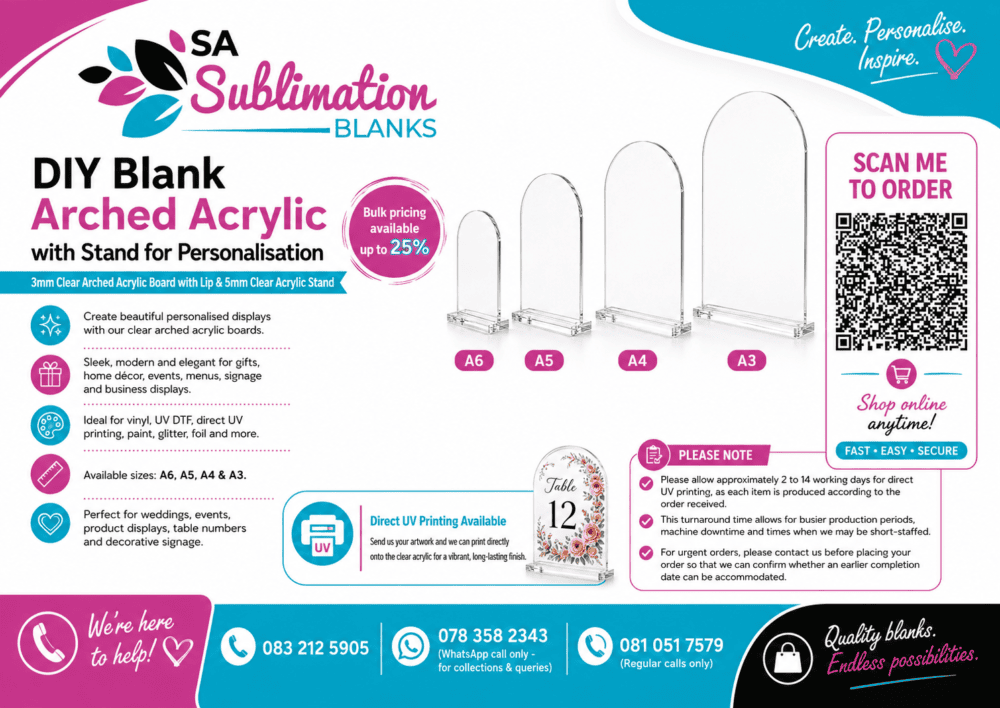 Laser Blanks : 3mm CLEAR Acrylic Arched Boards with lip &amp 5mm Clear Acrylic Stand (A6, A5, A4, A3)